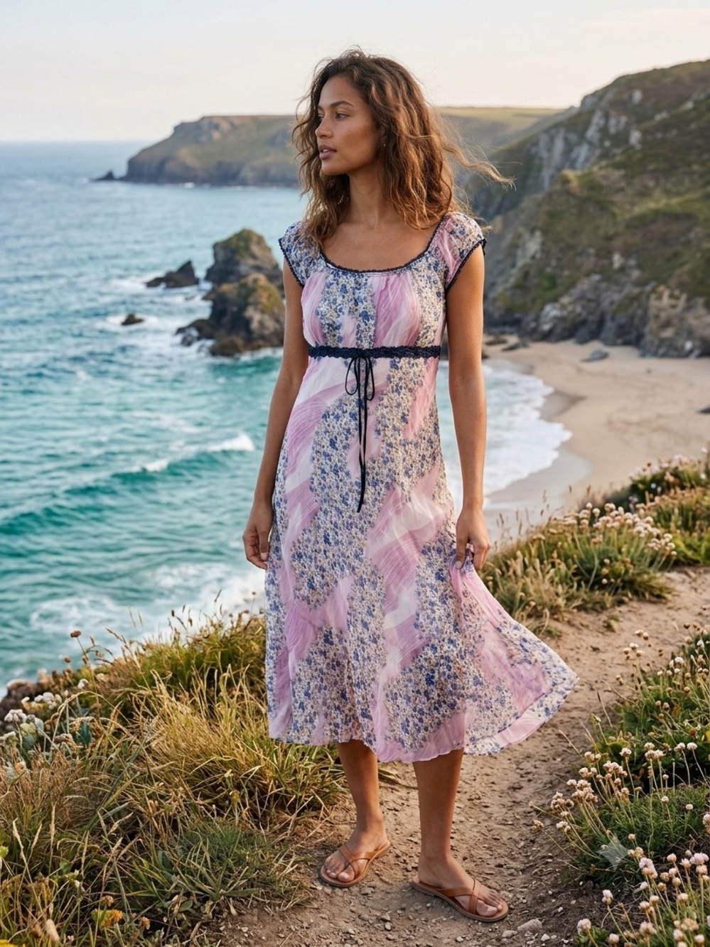 Hawaiian Princess Pink Floral Midi Dress with Blue Lace Trim S